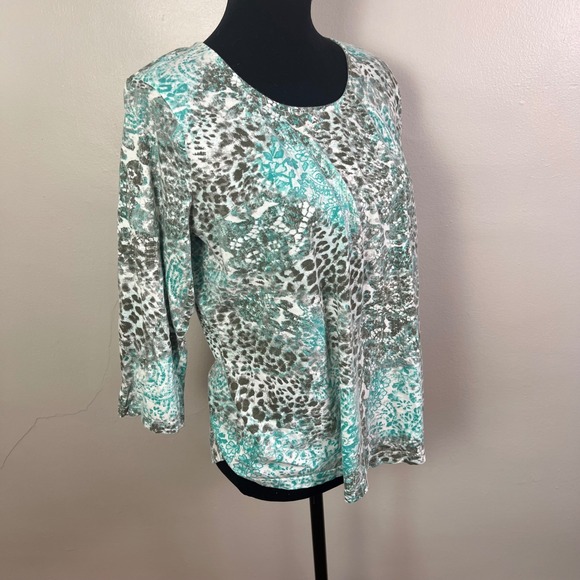 Chico's Women's Top Size 2 (L/12) Animal Print 3/4 Sleeve Turquoise Paisley - Picture 4 of 9